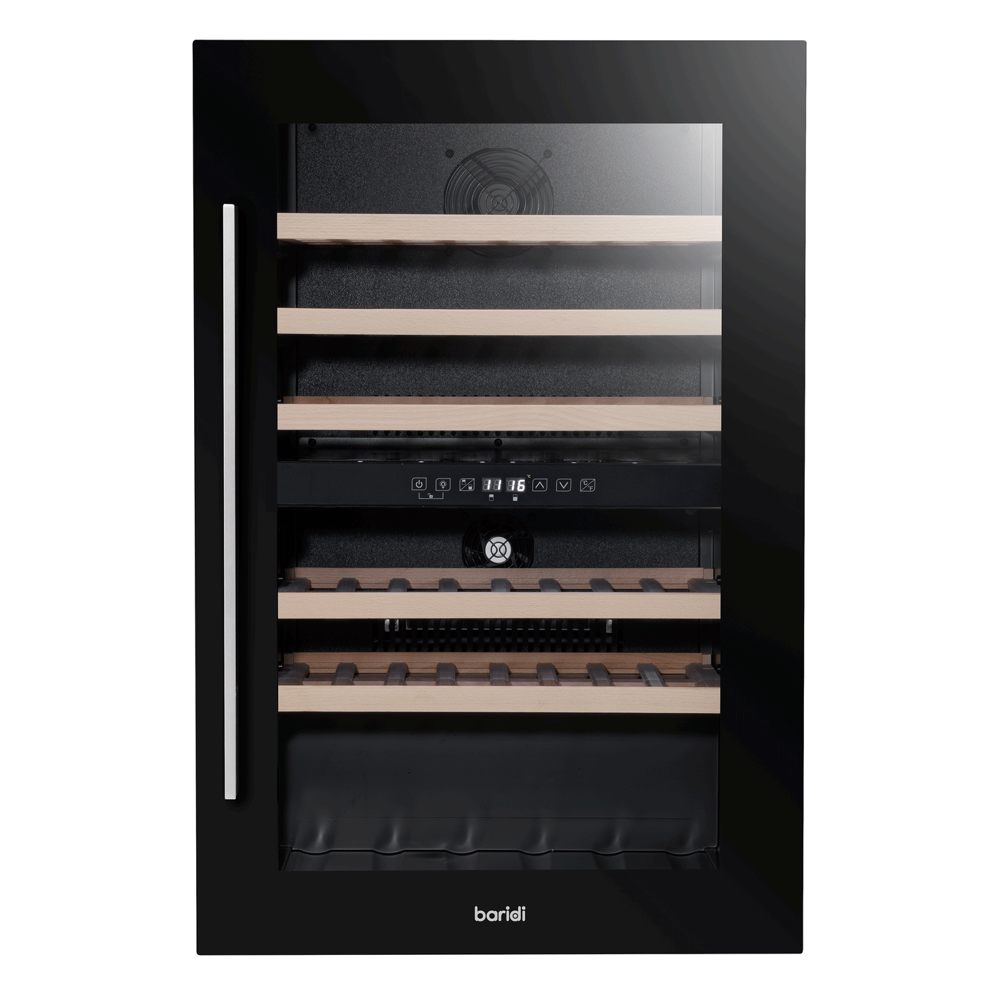 Baridi 60cm Built-In 57 Bottle Dual Zone Wine Cooler with Beech Wood Shelves - Black - DH118