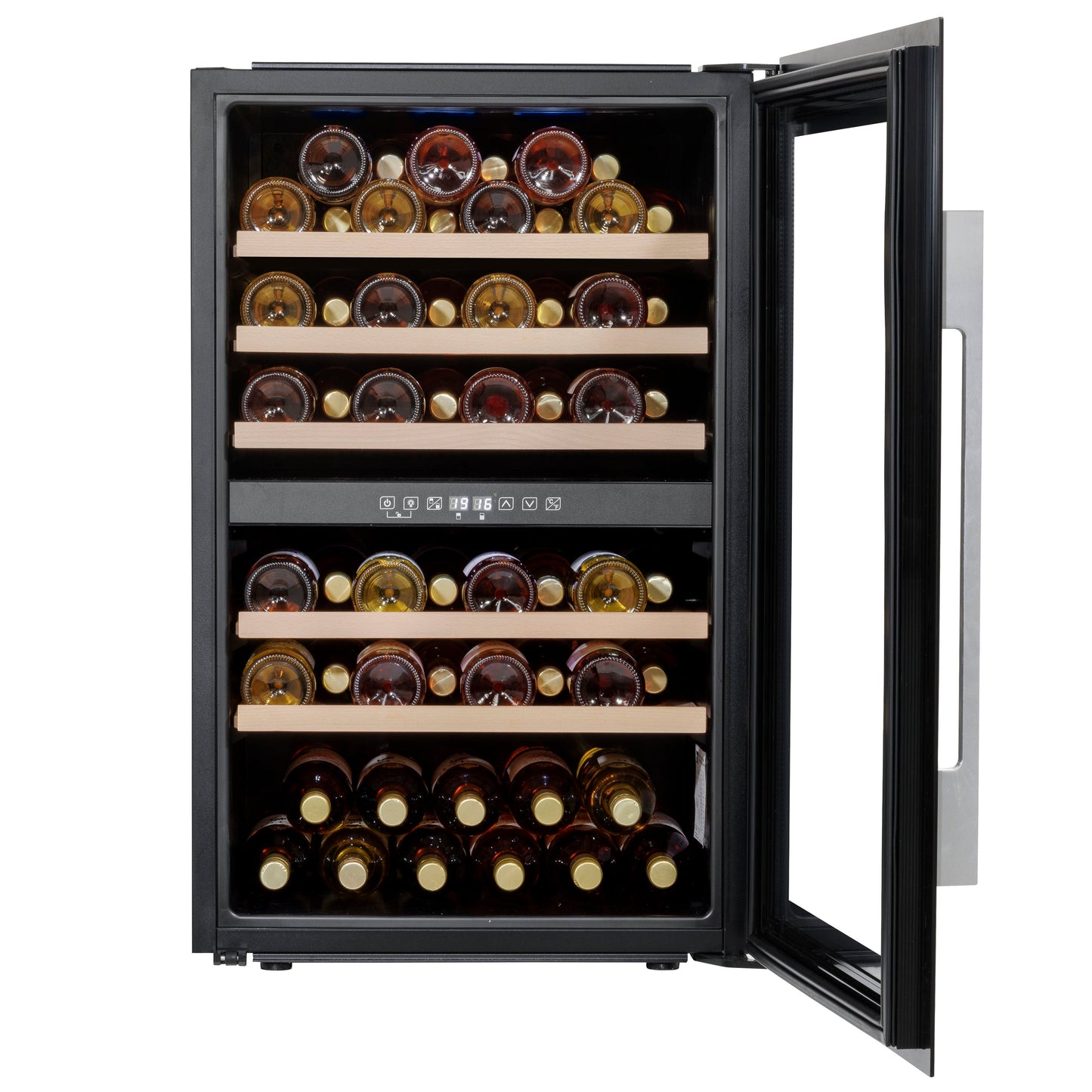 Baridi 60cm Built-In 57 Bottle Dual Zone Wine Cooler with Beech Wood Shelves - Black - DH118