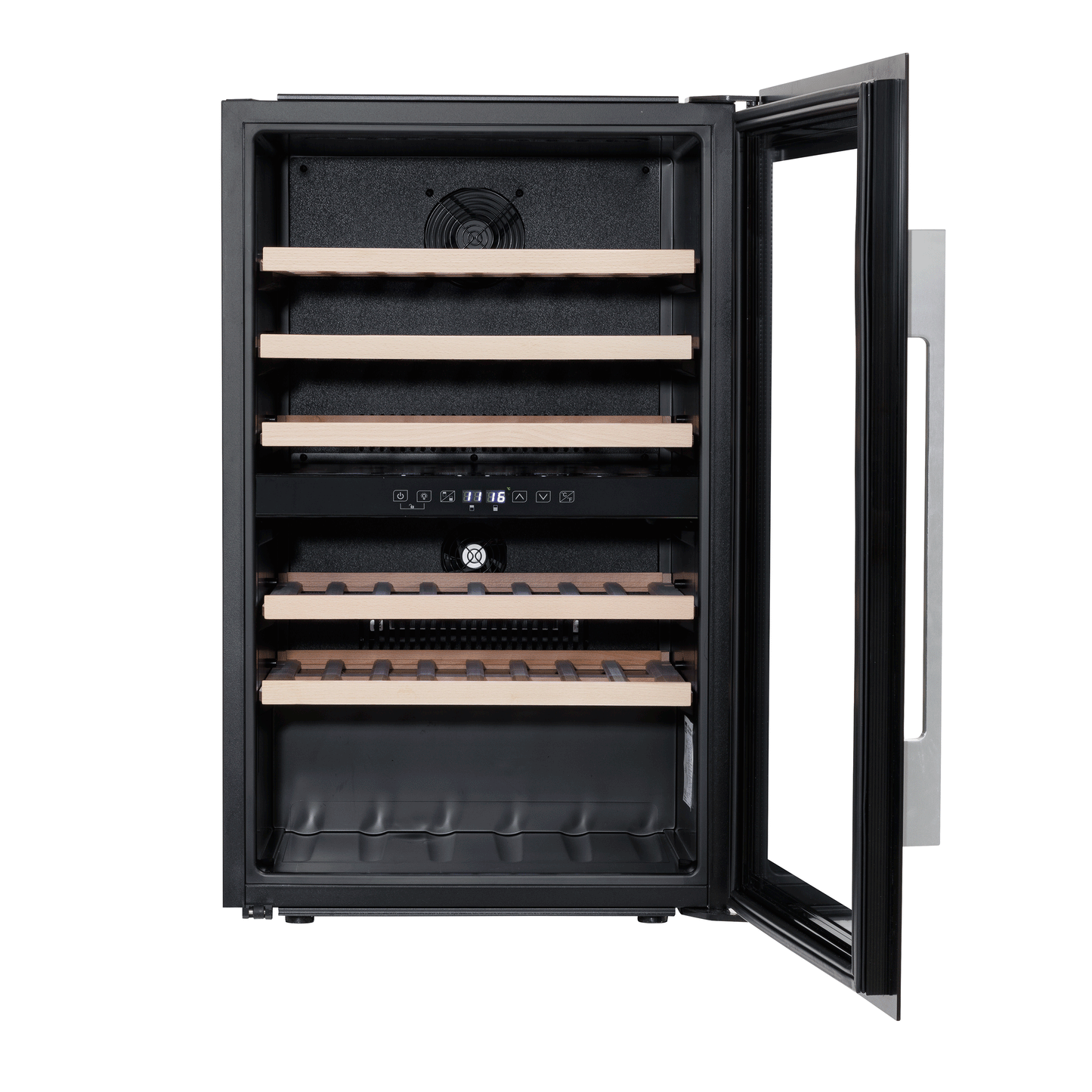 Baridi 60cm Built-In 57 Bottle Dual Zone Wine Cooler with Beech Wood Shelves - Black - DH118
