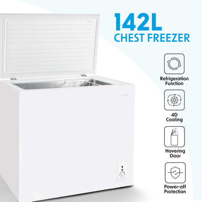 Baridi Freestanding Chest Freezer, 142L, Garage and Outbuilding Safe, Adj. Thermostat, White - DH120