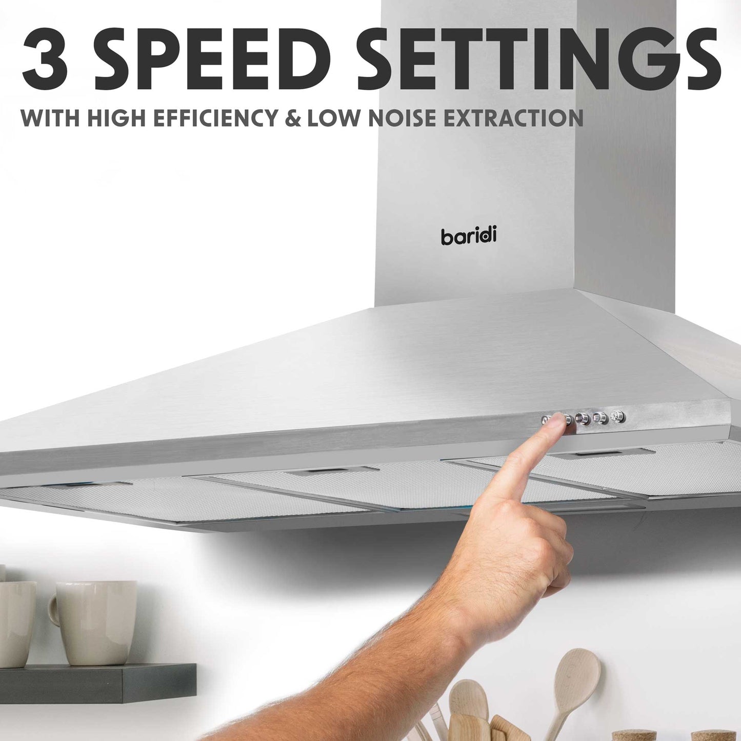 Baridi 90cm Chimney Style Cooker Hood with Carbon Filters, Stainless Steel - DH127