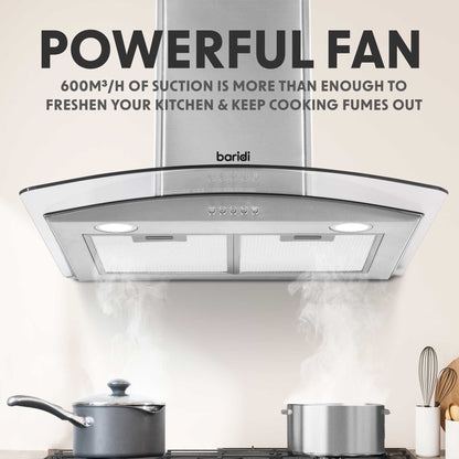 Baridi 60cm Curved Glass Cooker Hood with Carbon Filters, LED Lights, Stainless Steel - DH128