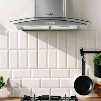Baridi 60cm Curved Glass Cooker Hood with Carbon Filters, LED Lights, Stainless Steel - DH128