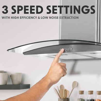 Baridi 60cm Curved Glass Cooker Hood with Carbon Filters, LED Lights, Stainless Steel - DH128