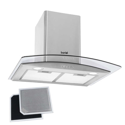 Baridi 60cm Curved Glass Cooker Hood with Carbon Filters, LED Lights & Splashback, Stainless Steel - DH208