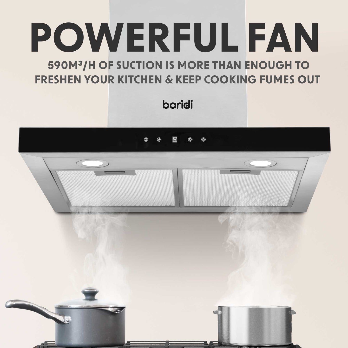 Baridi 60cm T-Shape Chimney Cooker Hood with Carbon Filters, Stainless Steel - DH130