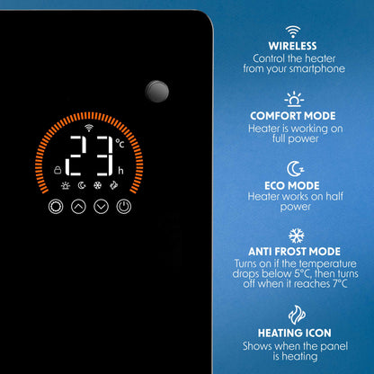 Baridi Electric Glass Panel Heater, 1000W, 24/7 Timer, Wi-Fi Enabled, Remote Control, Black - DH135