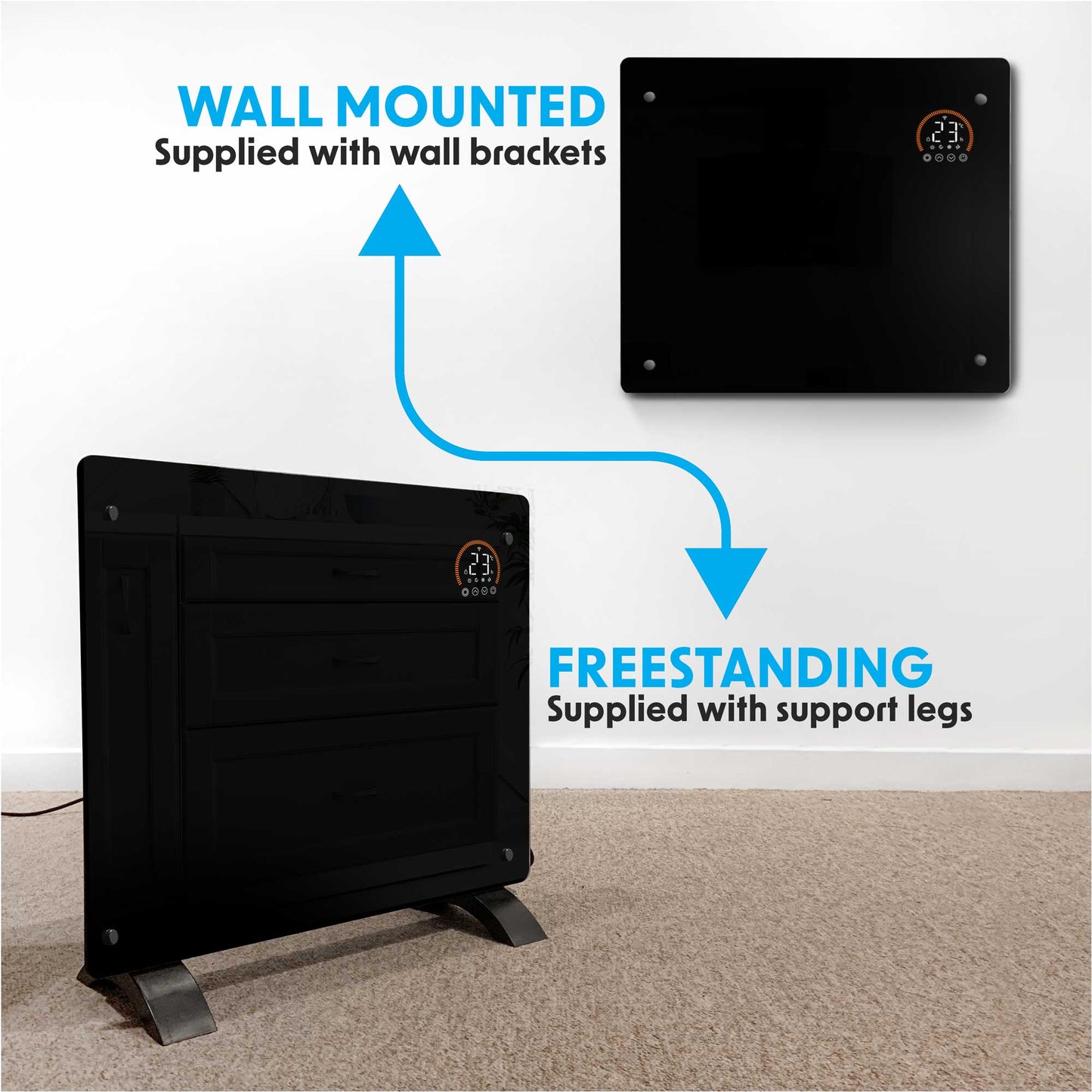 Baridi Electric Glass Panel Heater, 1000W, 24/7 Timer, Wi-Fi Enabled, Remote Control, Black - DH135