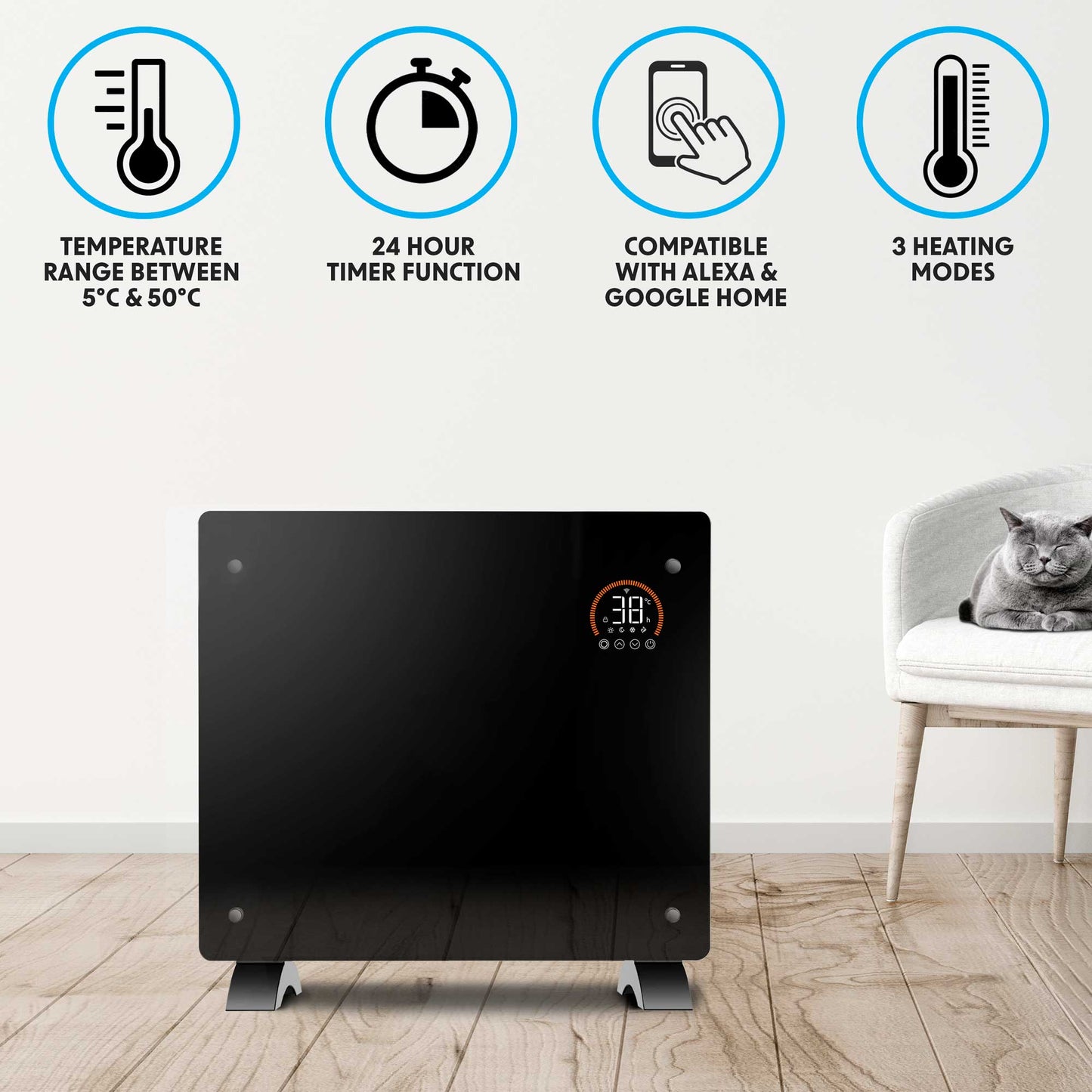 Baridi Electric Glass Panel Heater, 1000W, 24/7 Timer, Wi-Fi Enabled, Remote Control, Black - DH135