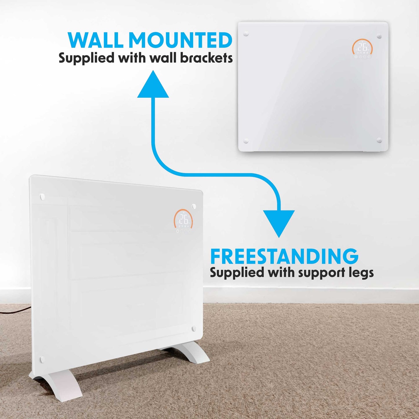 Baridi Electric Glass Panel Heater, 1000W, 24/7 Timer, Wi-Fi Enabled, Remote Control, White - DH136