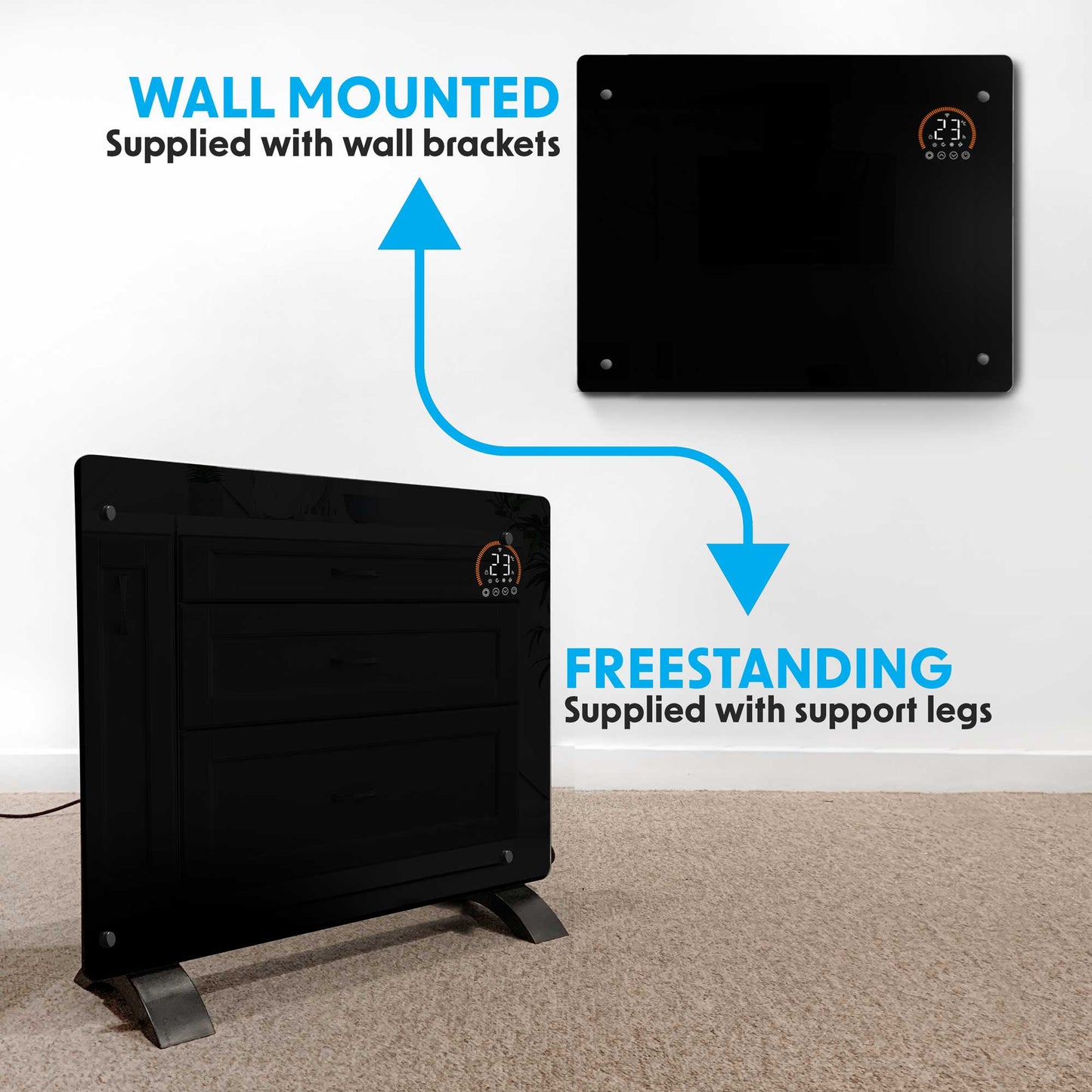 Baridi Electric Glass Panel Heater, 1500W, 24/7 Timer, Wi-Fi Enabled, Remote Control, Black - DH137