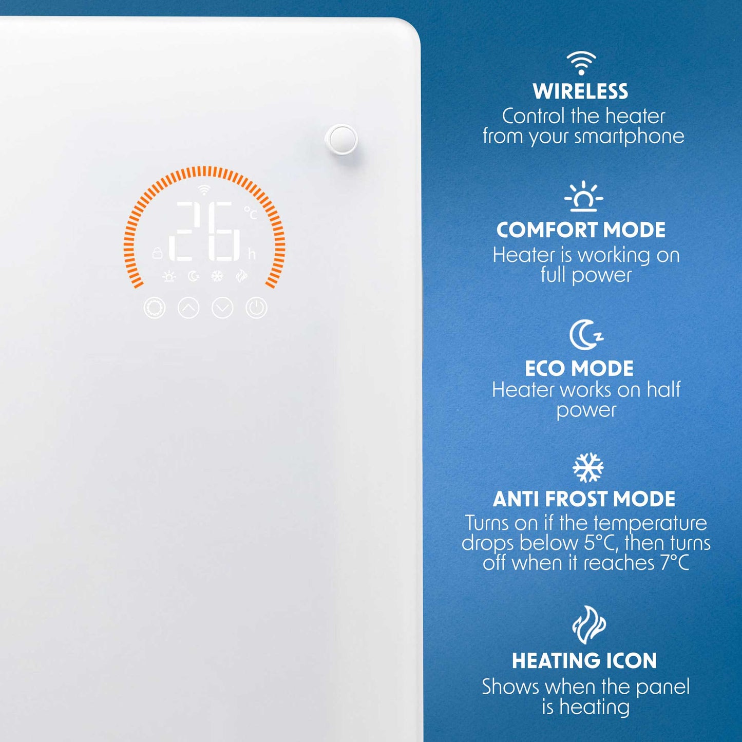 Baridi Electric Glass Panel Heater, 1500W, 24/7 Timer, Wi-Fi Enabled, Remote Control, White - DH138