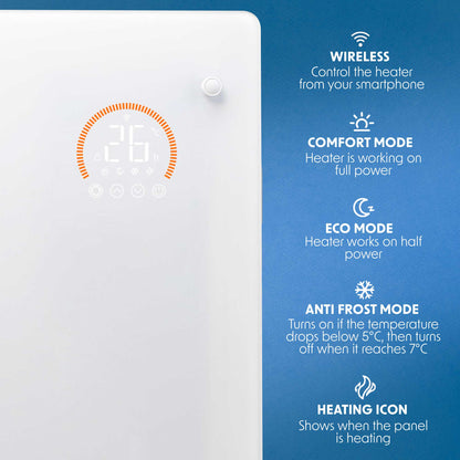 Baridi Electric Glass Panel Heater, 1500W, 24/7 Timer, Wi-Fi Enabled, Remote Control, White - DH138