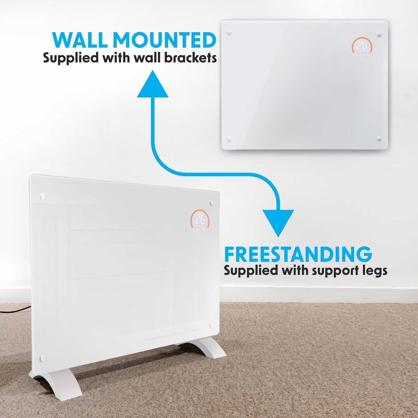 Baridi Electric Glass Panel Heater, 1500W, 24/7 Timer, Wi-Fi Enabled, Remote Control, White - DH138