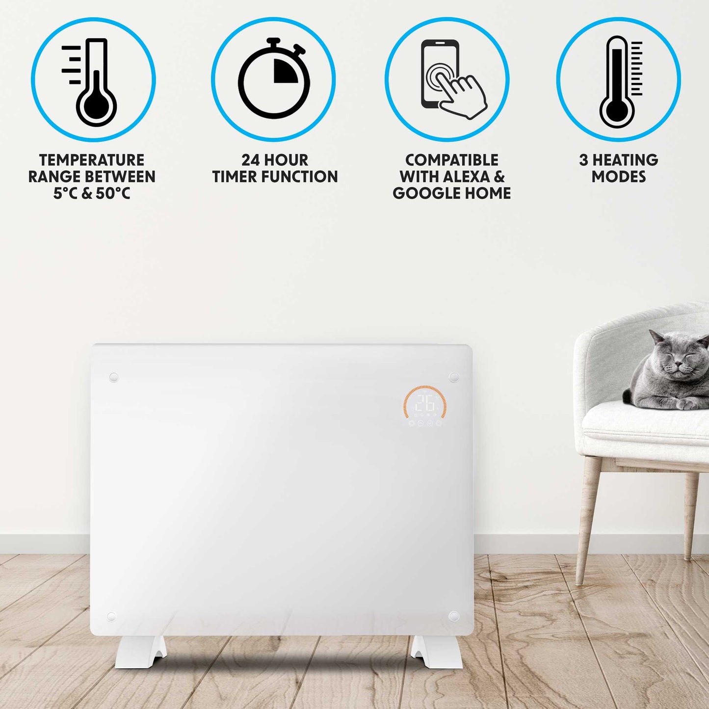 Baridi Electric Glass Panel Heater, 1500W, 24/7 Timer, Wi-Fi Enabled, Remote Control, White - DH138