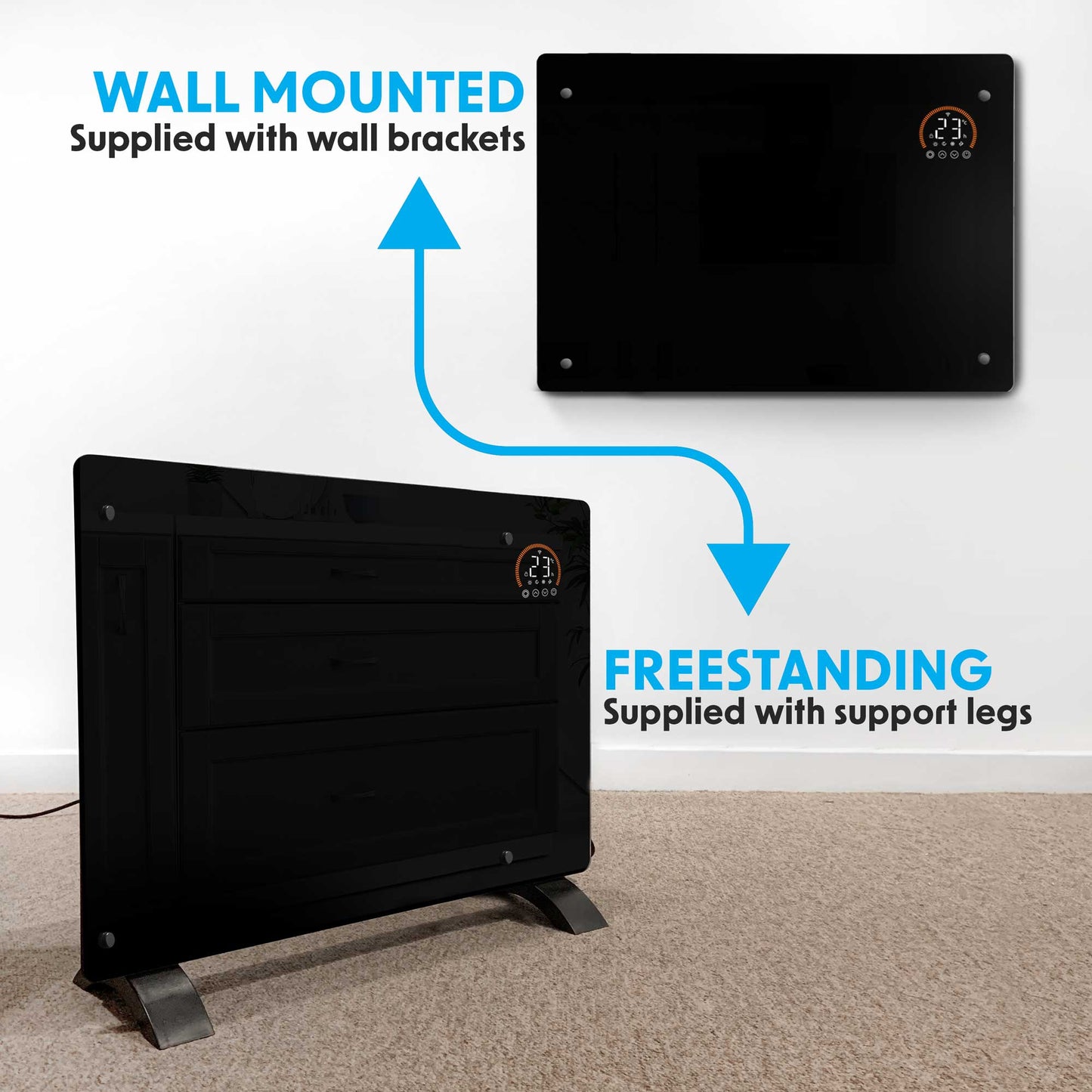 Baridi Electric Glass Panel Heater, 2000W, 24/7 Timer, Wi-Fi Enabled, Remote Control, Black - DH139