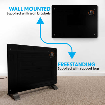 Baridi Electric Glass Panel Heater, 2000W, 24/7 Timer, Wi-Fi Enabled, Remote Control, Black - DH139