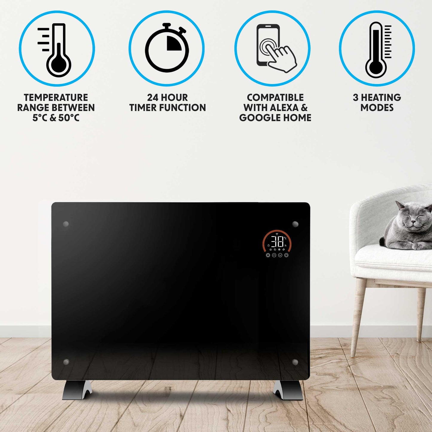 Baridi Electric Glass Panel Heater, 2000W, 24/7 Timer, Wi-Fi Enabled, Remote Control, Black - DH139