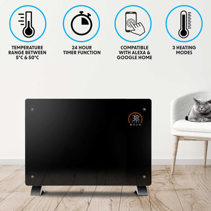 Baridi Electric Glass Panel Heater, 2000W, 24/7 Timer, Wi-Fi Enabled, Remote Control, Black - DH139