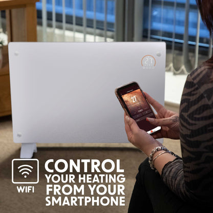 Baridi Electric Glass Panel Heater, 2000W, 24/7 Timer, Wi-Fi Enabled, Remote Control, White - DH140