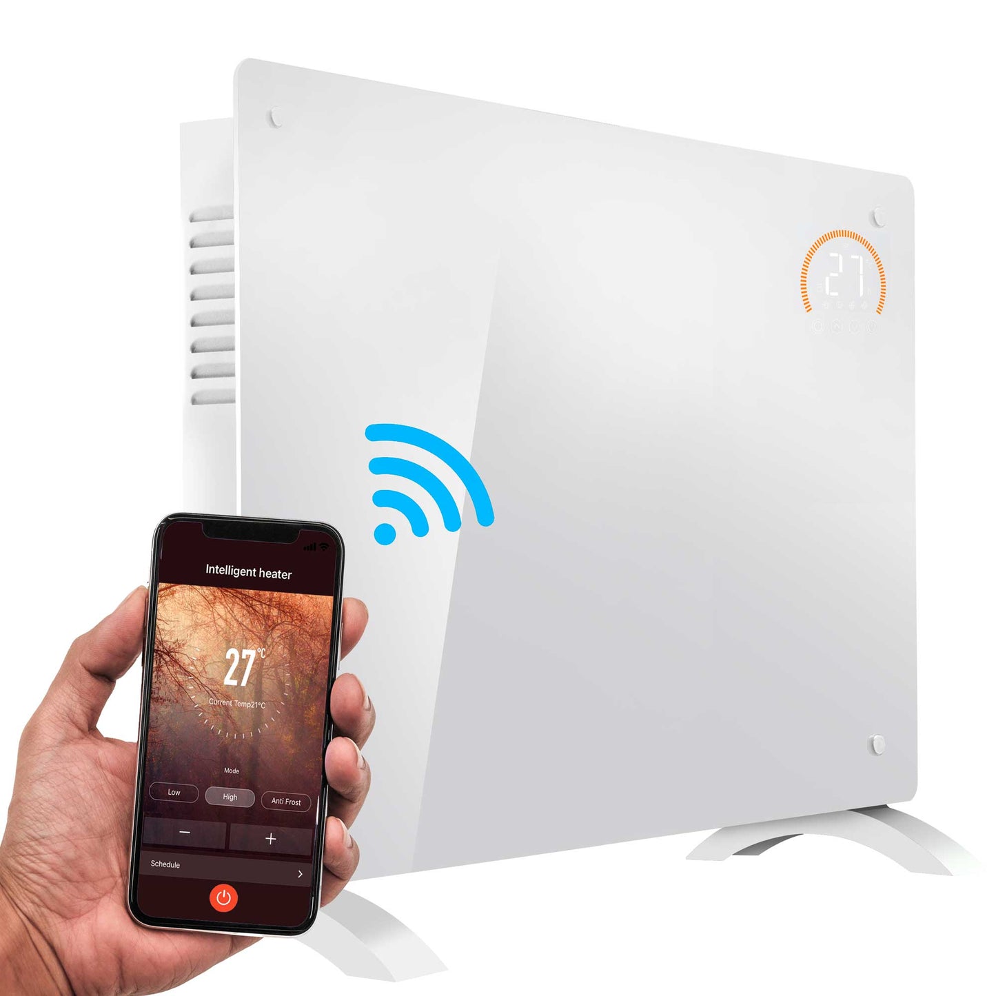 Baridi Electric Glass Panel Heater, 2000W, 24/7 Timer, Wi-Fi Enabled, Remote Control, White - DH140