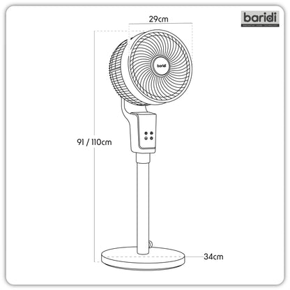 Baridi 12" Pedestal Fan with Remote Control & 12hr Timer - DH141