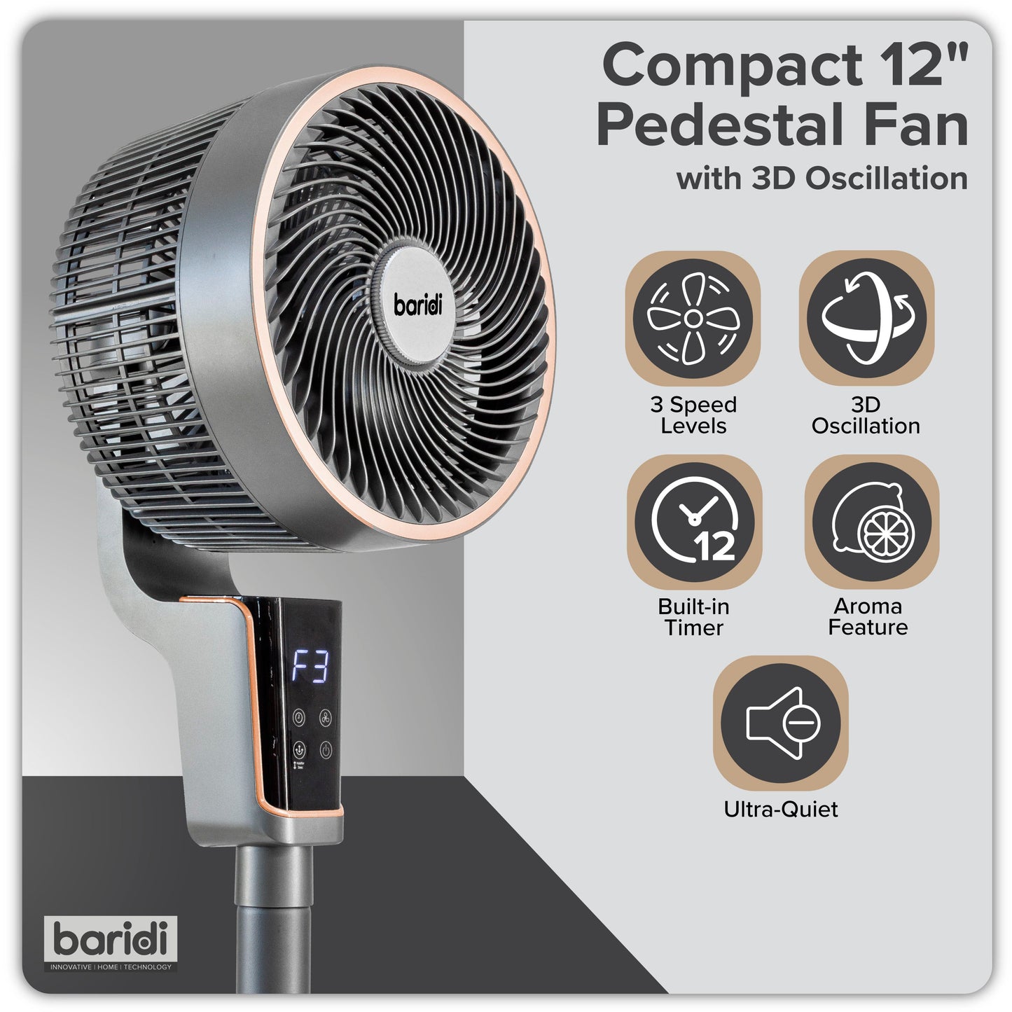 Baridi 12" Pedestal Fan with Remote Control & 12hr Timer - DH141
