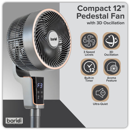 Baridi 12" Pedestal Fan with Remote Control & 12hr Timer - DH141