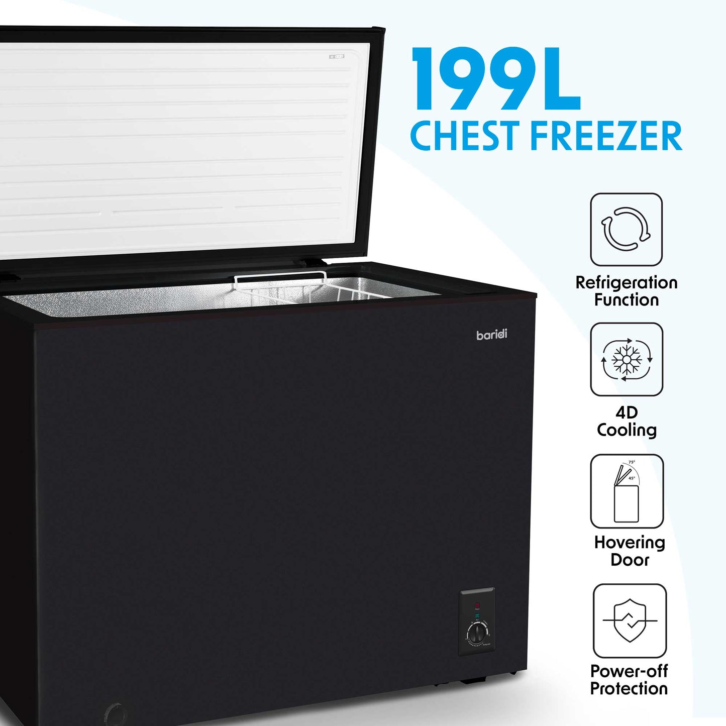 Baridi Freestanding Chest Freezer, 199L, Garage and Outbuilding Safe, Thermostat, Black - DH151