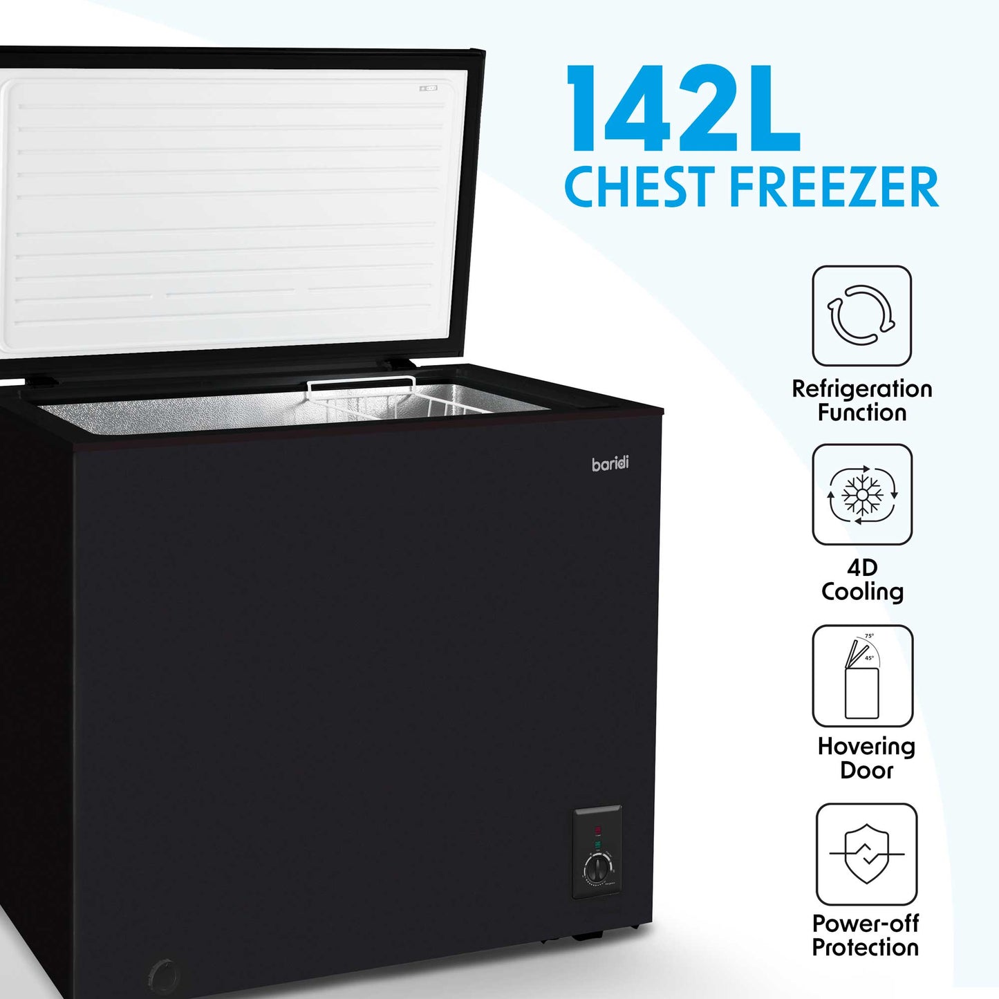 Baridi Freestanding Chest Freezer, 142L, Garage and Outbuilding Safe, Adj. Thermostat, Black - DH152
