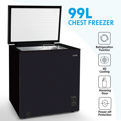 Baridi Freestanding Chest Freezer, 99L, Garage and Outbuilding Safe, Adj. Thermostat, Black - DH153