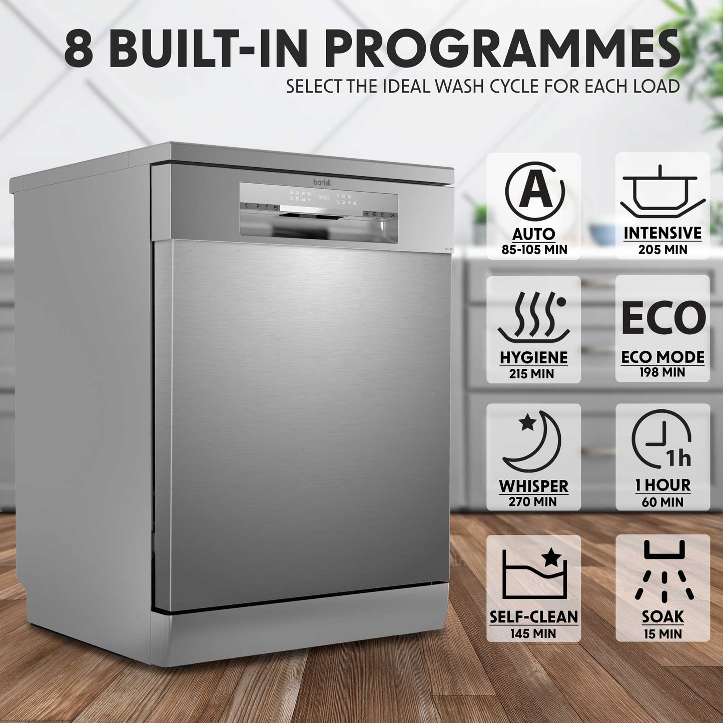 Baridi 60cm Freestanding Dishwasher, 14 Place Settings, 8 Programs, LED Display, Silver - DH167