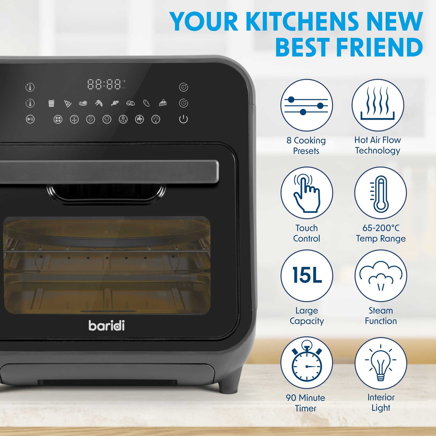 Baridi Steam Air Fryer Oven Combi, Self-Cleaning, 8 Preset Functions, 1635W, 15L, Black - DH171