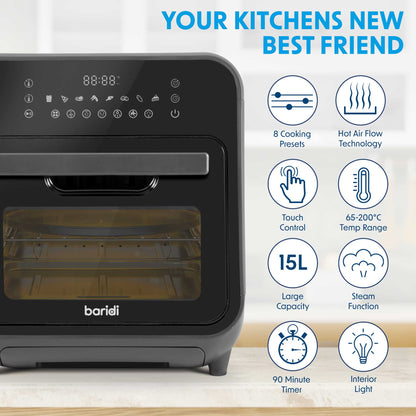 Baridi Steam Air Fryer Oven Combi, Self-Cleaning, 8 Preset Functions, 1635W, 15L, Black - DH171