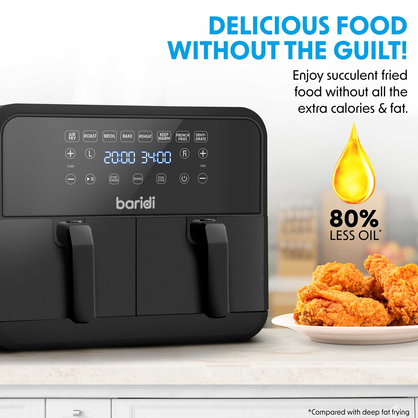 Baridi Dual Zone Air Fryer, 8 Preset Functions, 1700W, 8L, Black - DH172