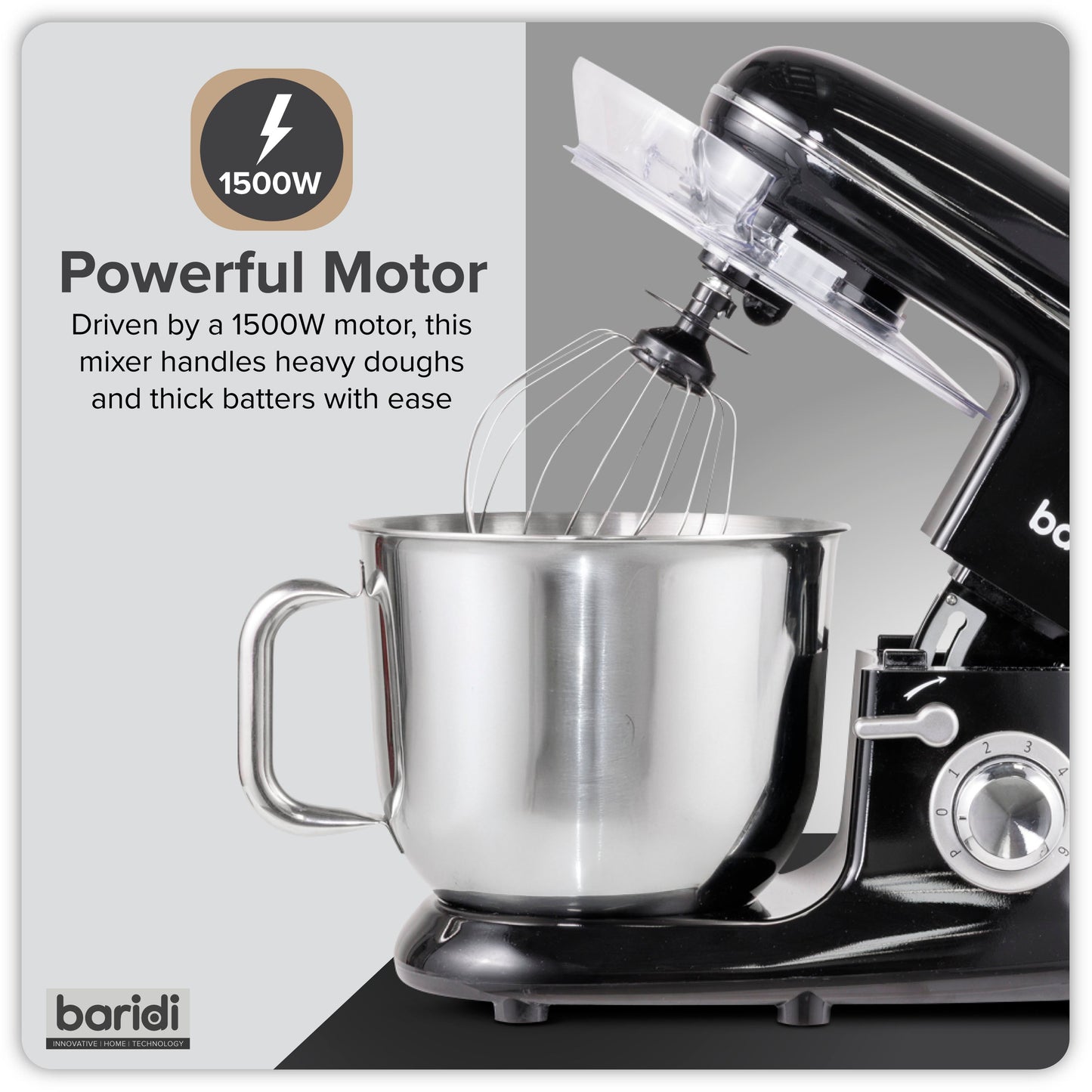 Baridi Stand Mixer, 6L Capacity, Supplied with 3 Accessories, Black - DH173