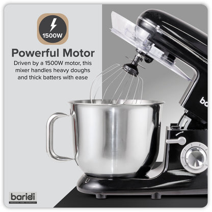 Baridi Stand Mixer, 6L Capacity, Supplied with 3 Accessories, Black - DH173