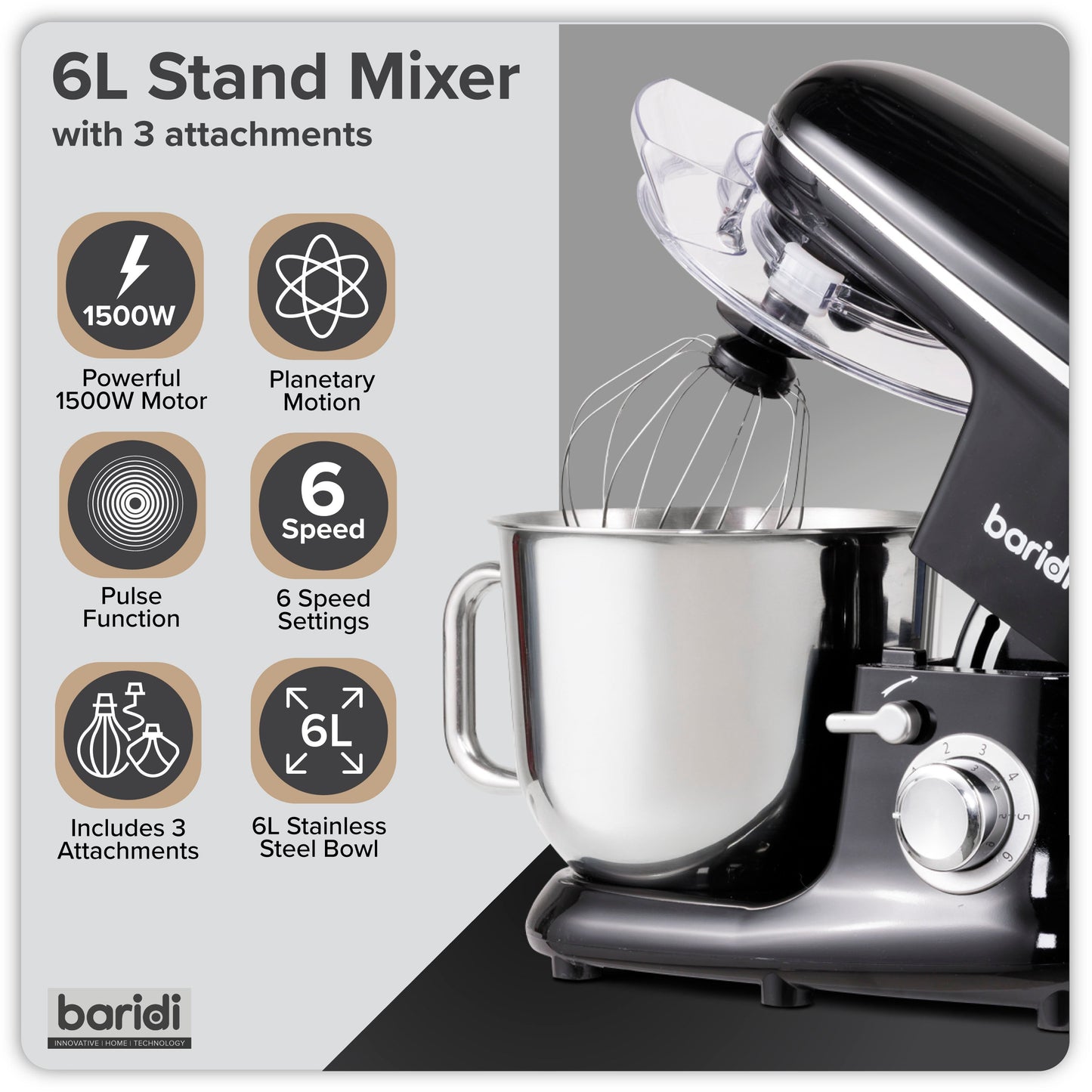 Baridi Stand Mixer, 6L Capacity, Supplied with 3 Accessories, Black - DH173