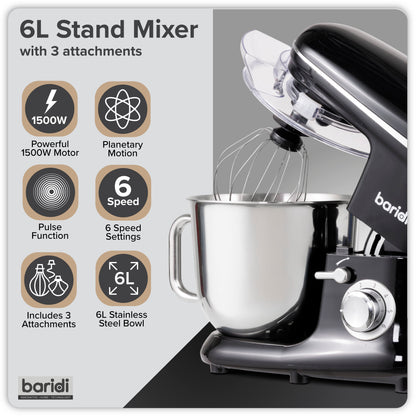 Baridi Stand Mixer, 6L Capacity, Supplied with 3 Accessories, Black - DH173
