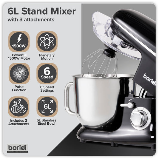 Baridi Stand Mixer, 6L Capacity, Supplied with 3 Accessories, Black - DH173