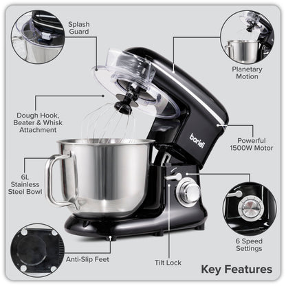 Baridi Stand Mixer, 6L Capacity, Supplied with 3 Accessories, Black - DH173