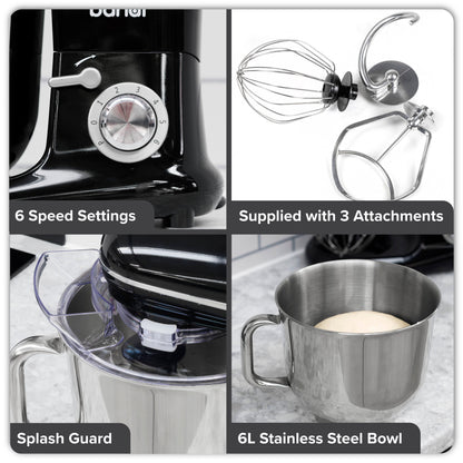 Baridi Stand Mixer, 6L Capacity, Supplied with 3 Accessories, Black - DH173