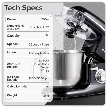 Baridi Stand Mixer, 6L Capacity, Supplied with 3 Accessories, Black - DH173