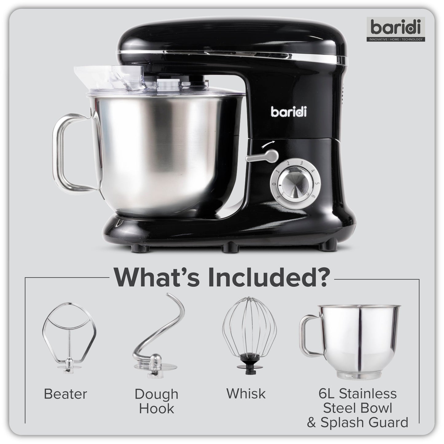 Baridi Stand Mixer, 6L Capacity, Supplied with 3 Accessories, Black - DH173