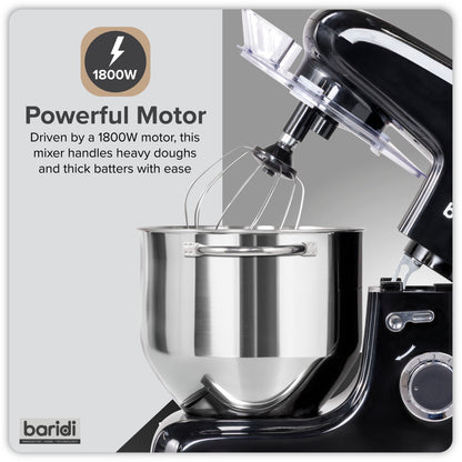 Baridi Stand Mixer, 8L Capacity, Supplied with 3 Accessories, 1800W, Black - DH174