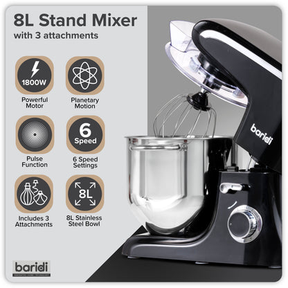 Baridi Stand Mixer, 8L Capacity, Supplied with 3 Accessories, 1800W, Black - DH174