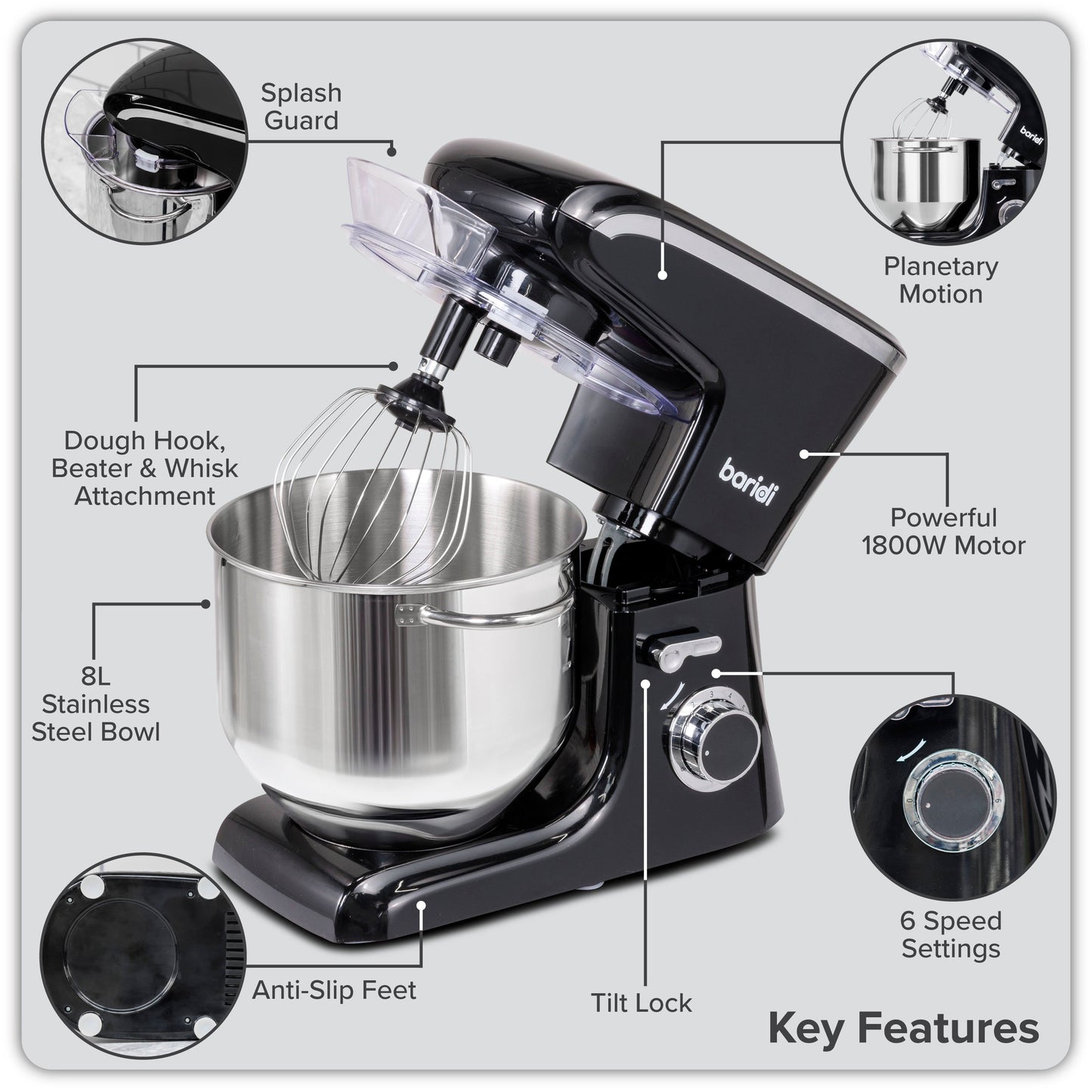 Baridi Stand Mixer, 8L Capacity, Supplied with 3 Accessories, 1800W, Black - DH174