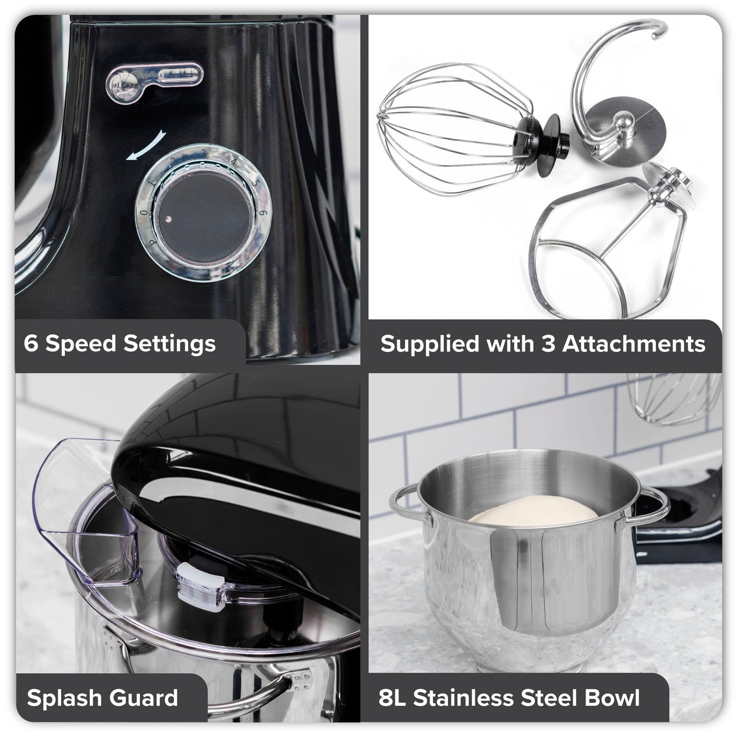 Baridi Stand Mixer, 8L Capacity, Supplied with 3 Accessories, 1800W, Black - DH174