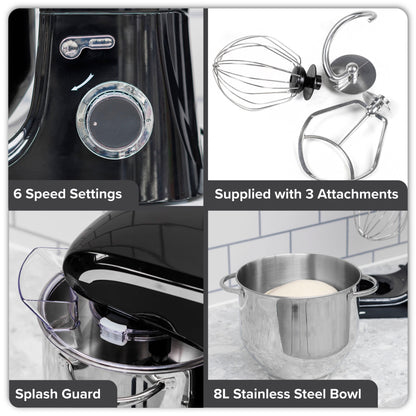 Baridi Stand Mixer, 8L Capacity, Supplied with 3 Accessories, 1800W, Black - DH174