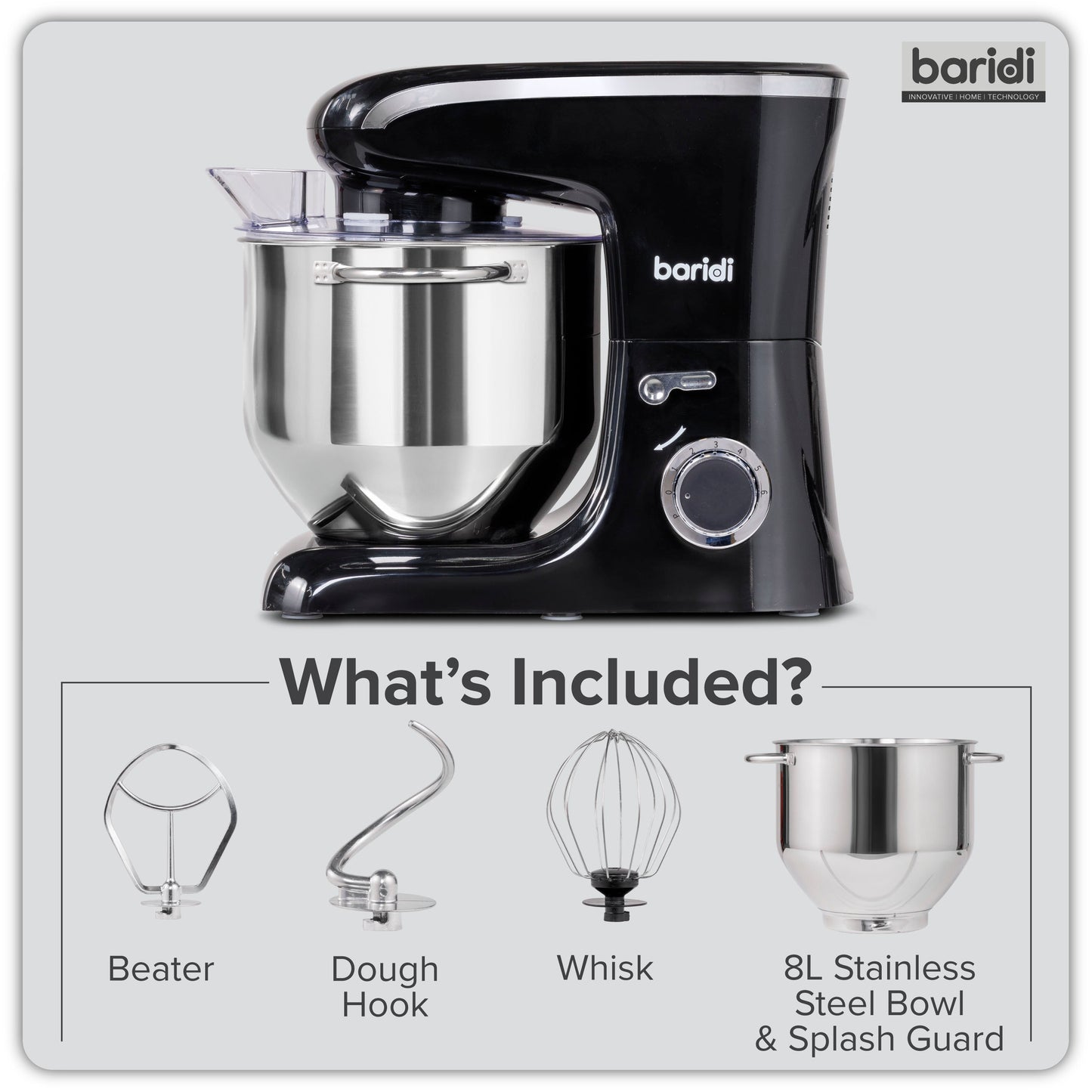 Baridi Stand Mixer, 8L Capacity, Supplied with 3 Accessories, 1800W, Black - DH174